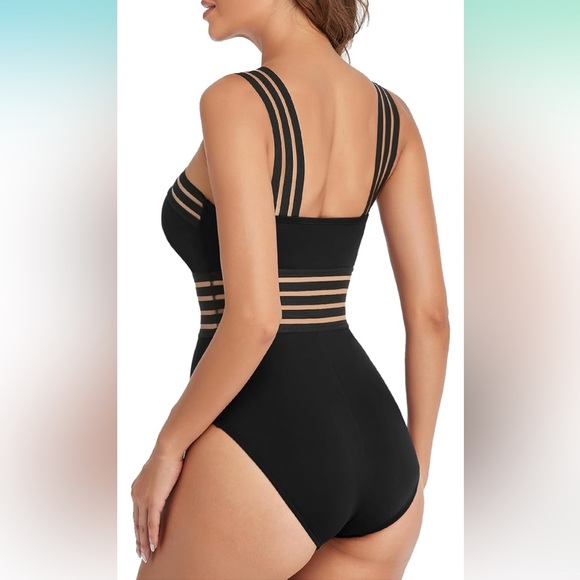 NEW Women’s One Piece Swimsuit; Size L Front Cossover Mesh Panel Detail - Picture 2 of 5